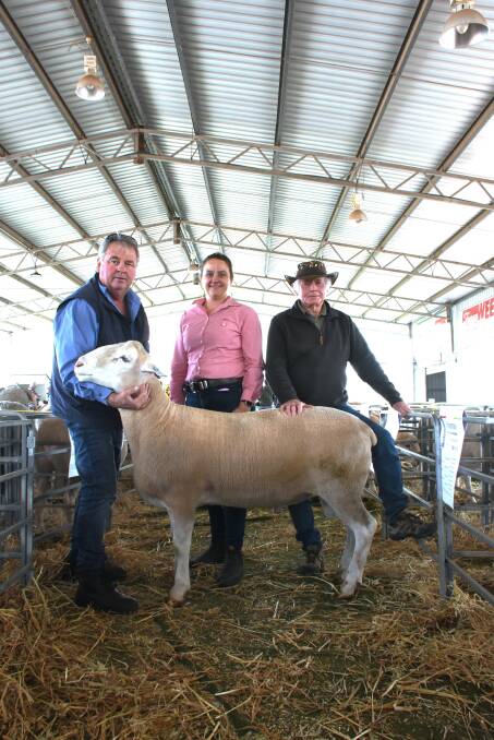 Topping the Iveston stud offering of South Suffolk, White Suffolk and UltraWhite rams was this White Suffolk sire when it sold for $1200. With the ram were Iveston co-principal Grant Bingham (left), Elders, Williams branch manager Sarah Hyde and buyer Chris Biddulph, Ravensthorpe.