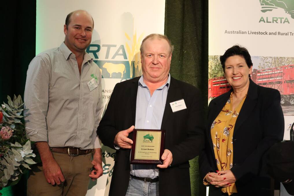 Australian Livestock & Rural Transporters Association president Scott McDonald (left), with Kulin Transport owner and operator Grant Robins, who was awarded life membership, and WA Agriculture and Food Minister Jackie Jarvis.
