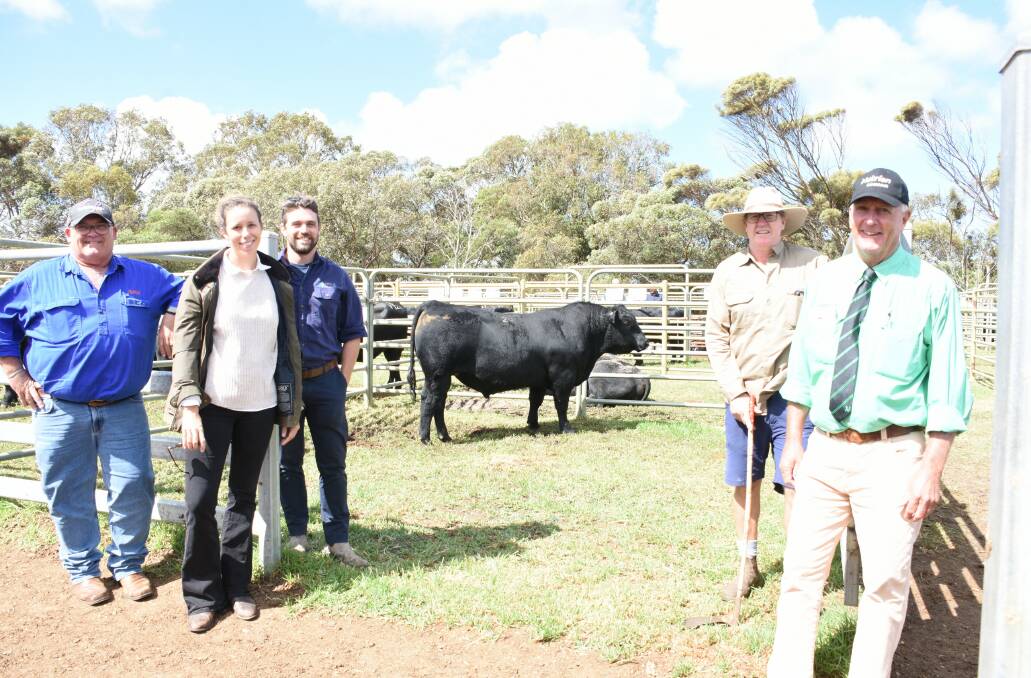 This bull, Coonamble Goalkeeper T675, made the sales equal top price of $32,000 selling to Arkle Angus, Munglinup. With the bull were top price sponsor Ben Fletcher (left), Zoetis, buyers Siobhan Cowan and Willam Solway, Arkle Angus, Coonamble co-principal Craig Davis and Nutrien Livestock, Great Southern manager Bob Pumphrey.
