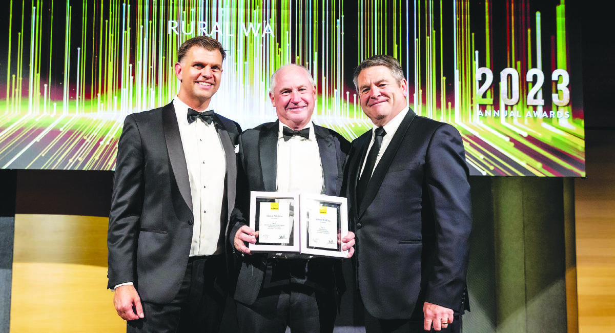 Matt White (left), with Mr Wilding, Ray White Rural WA principal and Mr Nell. Mr Wilding was recognised as the leading principal agent in settled commissions in WA and number four nationally.
