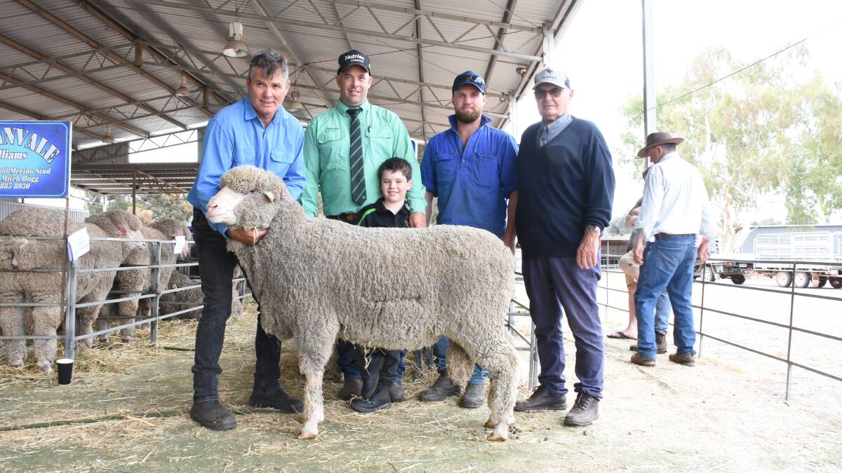 With the $4700 top priced ram sold by the Haddrick family's Toorackie Stud, Williams, were Toorackie co-principal Brendan Haddrick (left), Nutrien Livestock Williams agent Ben Kealy and his son Jasper, buyer Lewis Schulz, SJ & BJ Schulz, Williams, and Toorackie co-principal Dennis Haddrick.