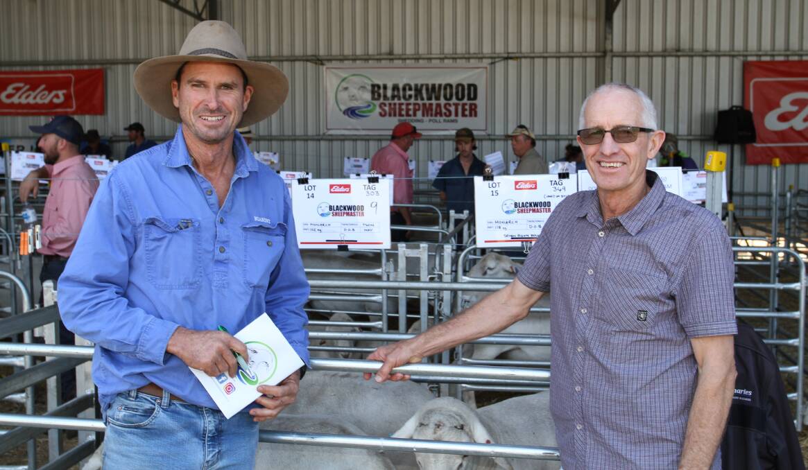 Quairading buyers Lyle Brown (left), LR & KA Brown and Scott Richards, S & S Richards, attended the sale together where they purchased 12 rams (average $2542, $3700 top) and 4 rams ($2675 average, $3400 top) respectively.
