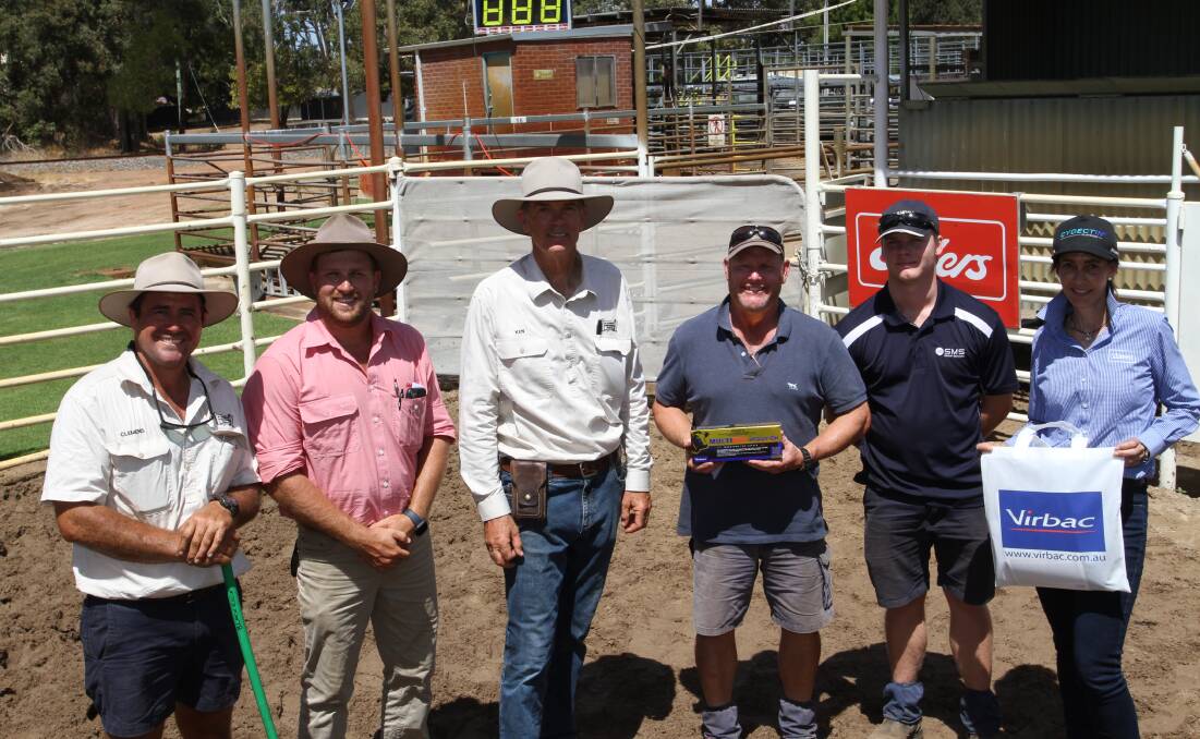 Clemens Kiessig (left), Blackrock Angus stud, Vasse, Jacques Martinson, Elders, Busselton, Blackrock stud principal Ken MacLeay, Vasse, top-priced bull buyer Peter Cowcher, Willandra Simmental, Red Angus and Angus studs, Williams and his son Charles and top-priced bull sponsor Kylie Meloury, Virbac central WA area sales manager, caught up following the annual Blackrock Angus bull sale at Boyanup last week. The Cowcher family paid the sales $20,000 top price for lot seven Blackrock T132 (by Millah Murrah Paratrooper P15).