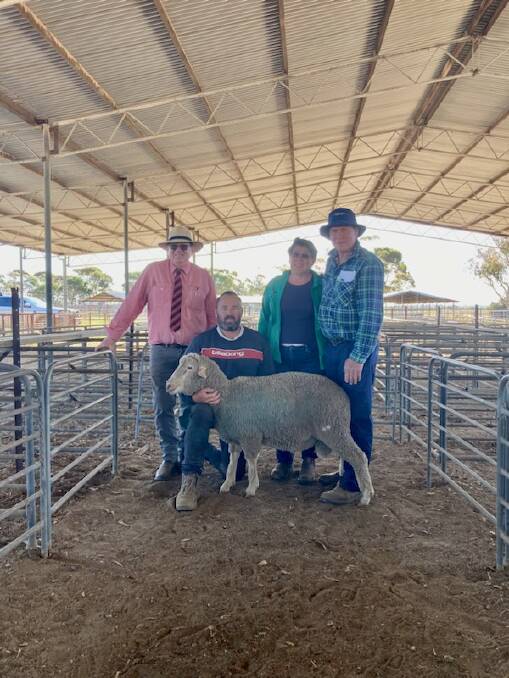 With the $1500 top-priced ram at the Harold Park North Dohne ram sale at Carnamah were Elders stud stock prime lamb specialist Michael ONeill (left), Harold Park co-principal Charles Wass and buyers Frank Crago and Robyn Goods, Hakea Farming, Coorow.
