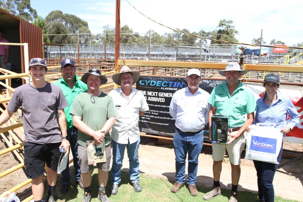 The contingent of buyers from the Esperance region purchased a combined total of 16 bulls at the Blackrock sale including Riley Curnow, Kainton Farms, Scaddan, (four bulls to $11,000), Nicholas Ruddenklau, Epasco Farms, Esperance, (two bulls to $15,000), Mark Darlow, Forward Plains, Condingup, (four bulls to $10,500 twice), Graham Darlow, Darlow Ag Company, Condingup, (two bulls to $11,500) and Nutrien Livestock, Esperance agent Darren Chatley (second right), who represented volume buyers Chilwell, Condingup, (six bulls to $9500) with volume buyer sponsors Tony Murdoch and Kylie Meloury, Virbac Australia Animal Health.
