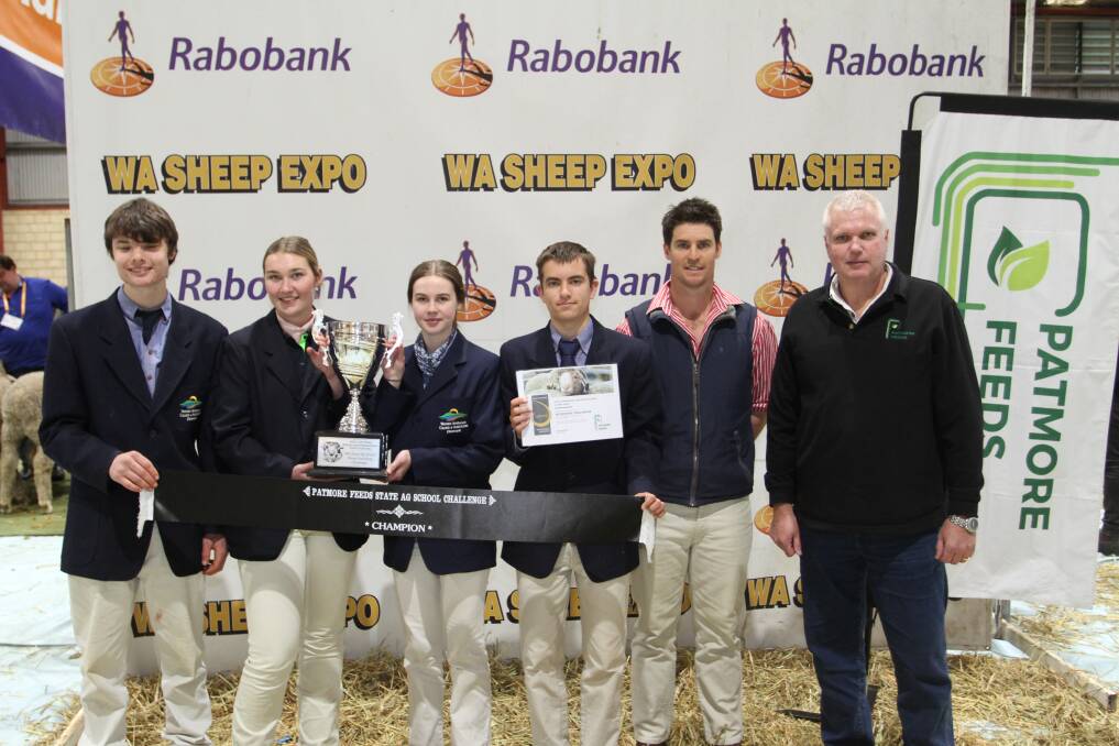The WA State Ag School Merino Judging Challenge winning team from WA College of Agriculture Denmark comprised Olliver Bush (left), Dakota Dalton, Alison Findlay and Jesse Oldfield, with competition judge Kurt Wise, Wililoo stud, Woodanilling, and Patmore Feeds sponsor and sales manager Paul Avery.
