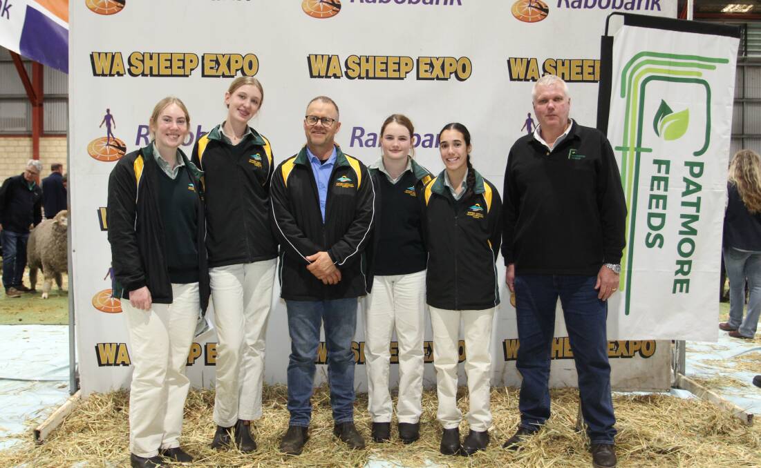 The fourth placed, WA College of Agriculture Harvey team members Zahara Pitchers (left), and Jemima Back, with WA College of Agriculture Harveys Steve Adams, fellow team members, Torri Baker and Kendall Helliams, and Patmore Feeds sponsor and sales manager Paul Avery.

