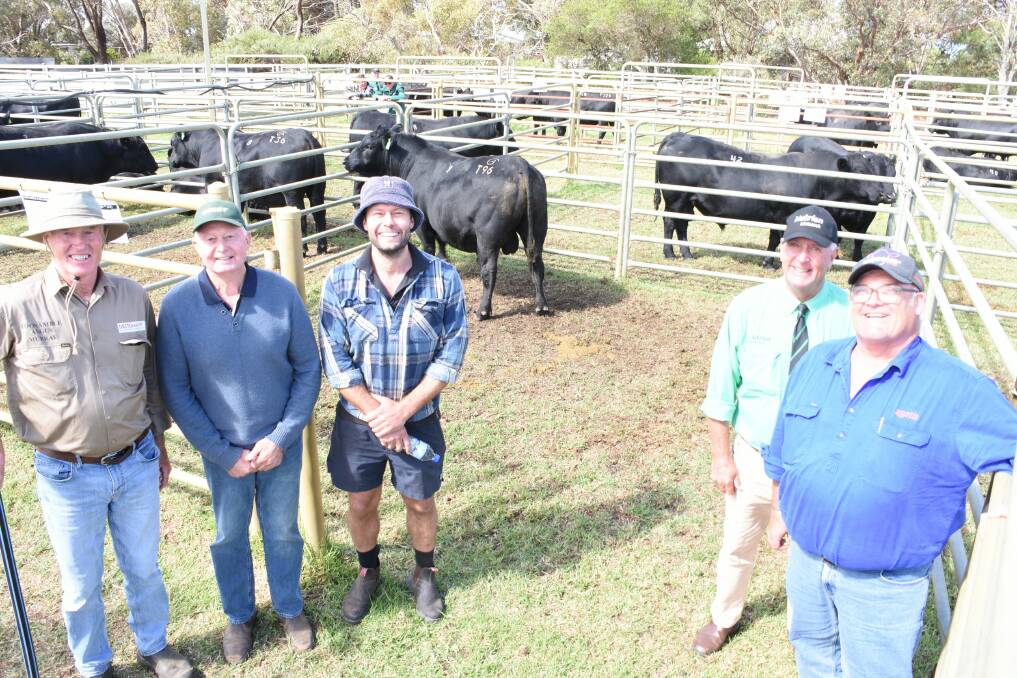 With Coonamble Paratrooper T96, which sold for the sales equal $32,000 top price to the Bairstow family, Arizona Farms, Lake Grace, were Coonamble co-principal Murray Davis (left), buyers Noel and Luke Bairstow, Nutrien Livestock Great Southern manager Bob Pumphrey and top price sponsor Ben Fletcher, Zoetis. 