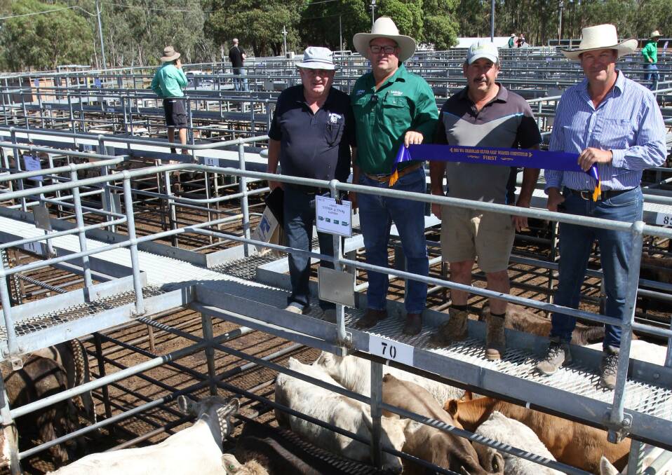 A draft of 12 Charolais-Angus cross steer weaners weighing 376kg offered by the Ronzio family, Dardanup, won first place in Nutrien Livestocks yarding of Charolais sired weaners. With the winning pen of steers were Charolais Society chairperson and Charolais Silver Calf competition co-ordinator Andrew Cunningham (left), Elgin, Nutrien Livestock, Capel agent Chris Waddingham, vendor John Ronzio and judge Rodney Galati, Brunswick.
