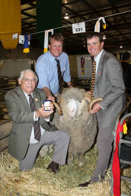 In 2010 Glen Keamy (left), became the first WA Merino breeder to become a life member of the Australian Stud Merino Breeders Association when he was presented with the award after the Merino judging at the Perth Royal Show. With Mr Keamy were Stud Merino Breeders Association of WA president at the time Brett Jones and Australian Stud Merino Breeders Association president at the time Tom Ashby, Gulnare, South Australia, who made a surprise visit to WA to present the award.
