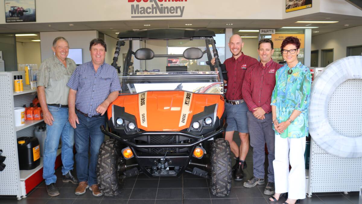 At Boekeman Machinery, Northam, for the draw of this years Farm Weekly / WA Angus Breeders WIN 10 Angus Heifers and Boekeman Machinery & Mojo Motorcycles Pty Ltd Landboss 800D side-by-side vehicle Competition were WA Angus Society committee member Mark Hattingh (left), Wannamal and chairman Mark Muir, Manjimup, with Boekeman Machinerys group sales manager Ben Boekeman and Northam branch manager Darryl Verburg and Farm Weekly business development and sales manager Wendy Gould with a Landboss 800D side-by-side vehicle.
