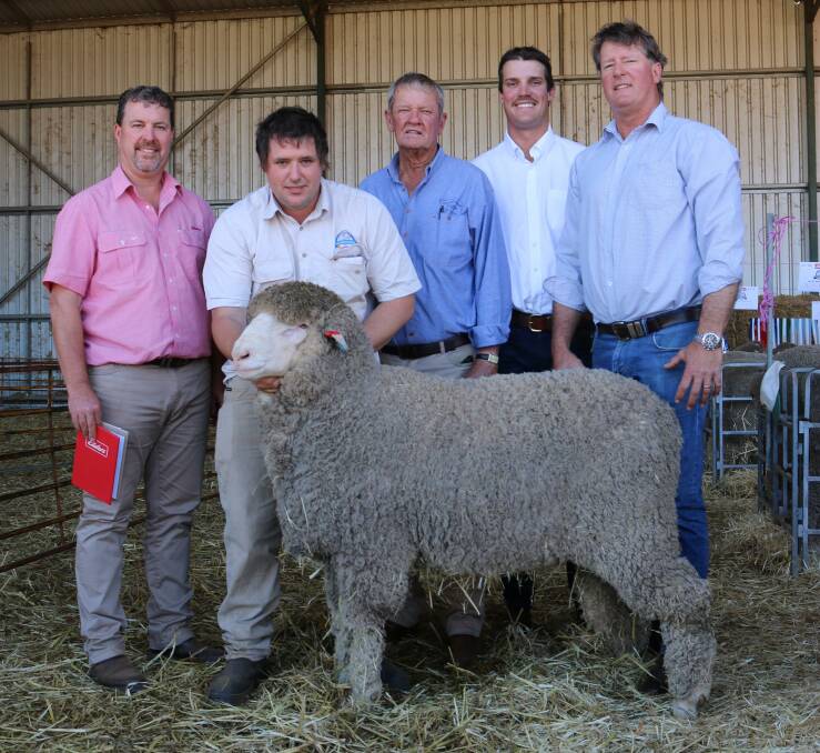 With the $10,500 top-priced ram were Elders stud stock specialist Nathan King (left), Seymour Park co-principal Clinton Blight and buyers Warwick Teakle, his grandson Callum and son Nathan, Walkindyer stud, Northampton.