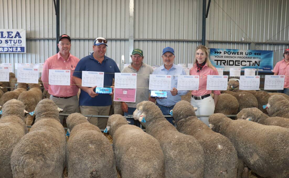 The Warralea team also proudly offered its pen 30 ram up for sale on behalf of the Breast Cancer Research Centre - WA, with all its proceeds being donated to the 'Shearing for Liz Pink Day', which was purchased by Dave Burcham, DT & JA Burcham, Kendenup, for $1800. With the pen 30 ram were Elders, Albany branch manager Travis King (left), Warralea stud co-principal Jarrad King, buyer Dave Burcham, Virbac area sales manager Tony Murdoch and Elders Albany Livestock production specialist Tiarna Wallinger.