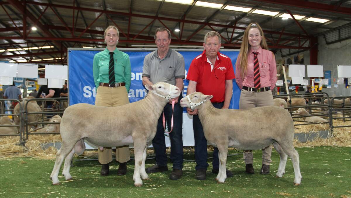With the $2000 equal top-priced Goldenover Ile de France ram and $700 top-priced Alcostro Ile de France ewe were Maddie Goerling (left), Nutrien Livestock, Ray Batt, Goldenover stud, Cuballing, Colin Batt, Alcostro stud, Wagin and Lauren Rayner, Elders stud stock. The ram and ewe were purchased by Roy Addis, Nutrien Livestock Breeding, on behalf of L & M Ag Pty Ltd, Balhannah, South Australia.