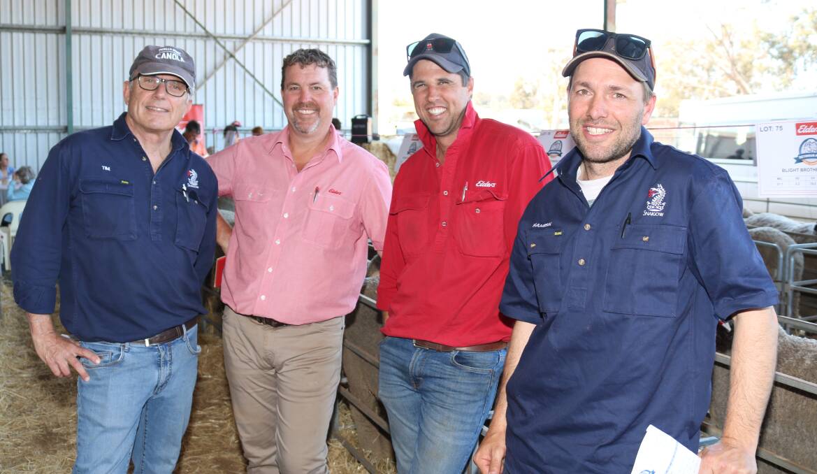 Cadogan Estates general manager Tim Johnston (left), with Elders stud stock specialist Nathan King, Elders Darkan agent Mitch Clarke and Hamish Cook, Cadogan Estates, which finished with 61 rams for its Snaigow property, Williams.