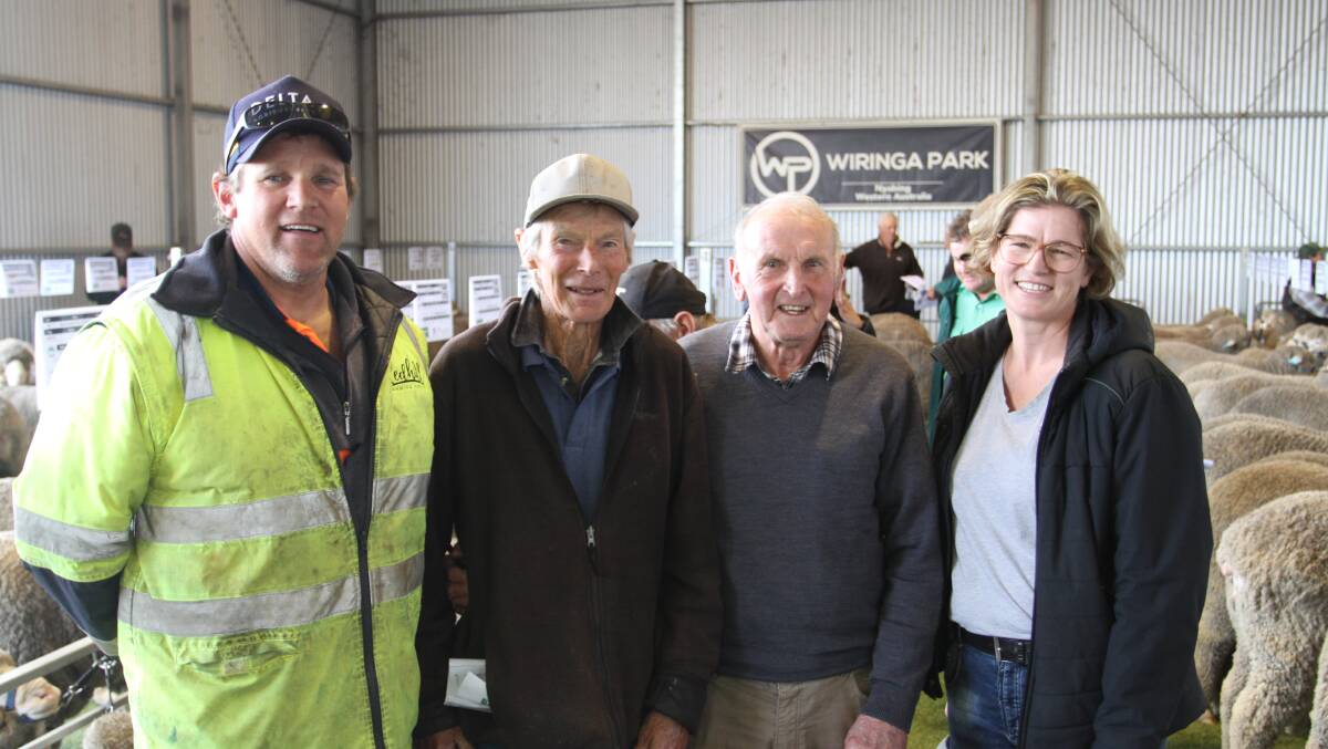 Simon (left) and Mike Thomas, Redhill Farming Estate, Pingrup, Redhill Farming Estate sheep classer Lachie Thornton, Narrogin and Stacey Newman, Redhill Farming Estate, following the Wiringa Park sale where they were among the volume buyers with 14 rams paying to $5000 and an average of $3929.
