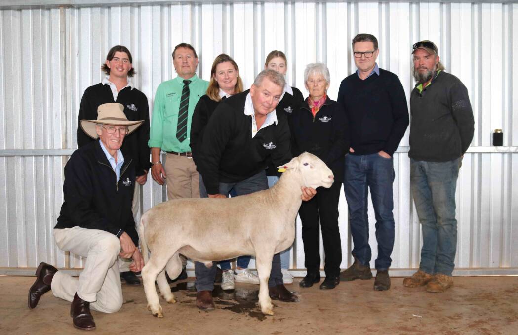 Prices at the Hillcroft Farms UltraWhite on-property ram and ewe sale peaked at $20,500 for a HFplus ram. Pictured with the ram are Dawson (left) and Michael Bradford, Hillcroft Farms, Nutrien Livestock Breeding representative Roy Addis, Hilcroft Farms' Lisa, Dawson, Chelsea and Greta Bradford, buyer Ash Wiese and his farm manager Ashley Forrest, Yarranabee Holdings, Highbury.