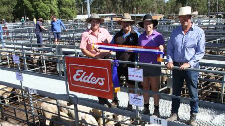 With the WA Charolais Societys Silver Calf Charolais competitions champion pen of Charolais cross steers at the Boyanup weaner sale last Wednesday were Elders Collie/Brunswick agent Craig Martin (left), vendors Clayton and Carla Minson, C & C Minson, Roelands and judge Rodney Galati, Brunswick. The winning pen of 11 Charolais-Angus-Friesian cross calves weighed 423kg and later sold to Kalgrains for 230c/kg and $970.
