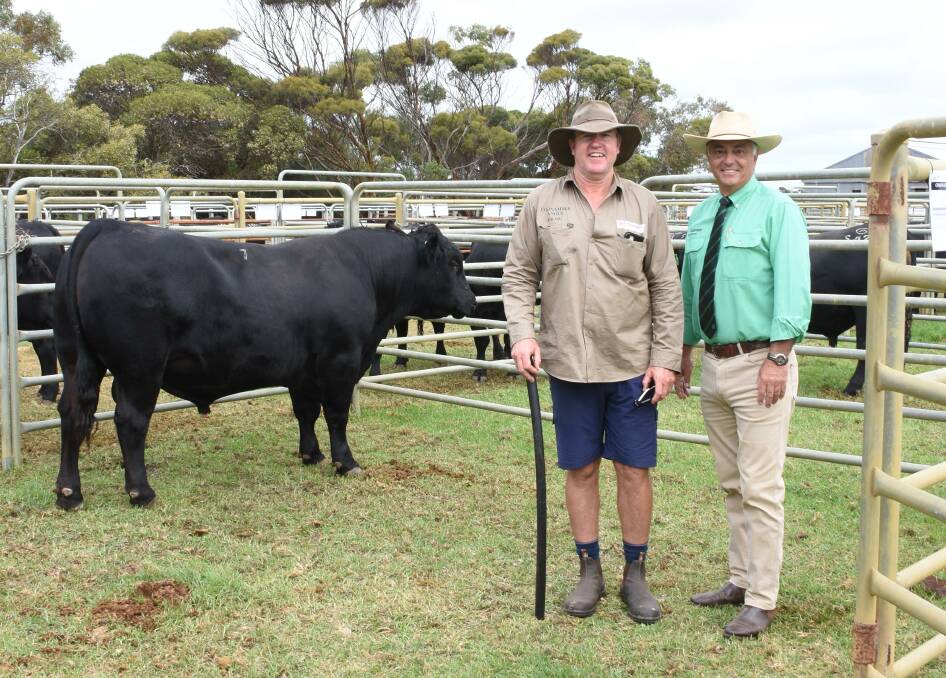 The second top price for the season was $72,000 for this Angus bull, Coonamble Samson S54, sold at the Coonamble Angus on-property bull sale at Bremer Bay. With the bull, which was purchased by Richard and Robyn Walker, Coonac Angus stud, Wilga, were Coonamble co-principal Craig Davis (left) and Nutrien Livestock State manager Leon Giglia. The Coonamble Angus stud also sold the $48,000 overall fourth top-priced bull for the season at its on-property sale.