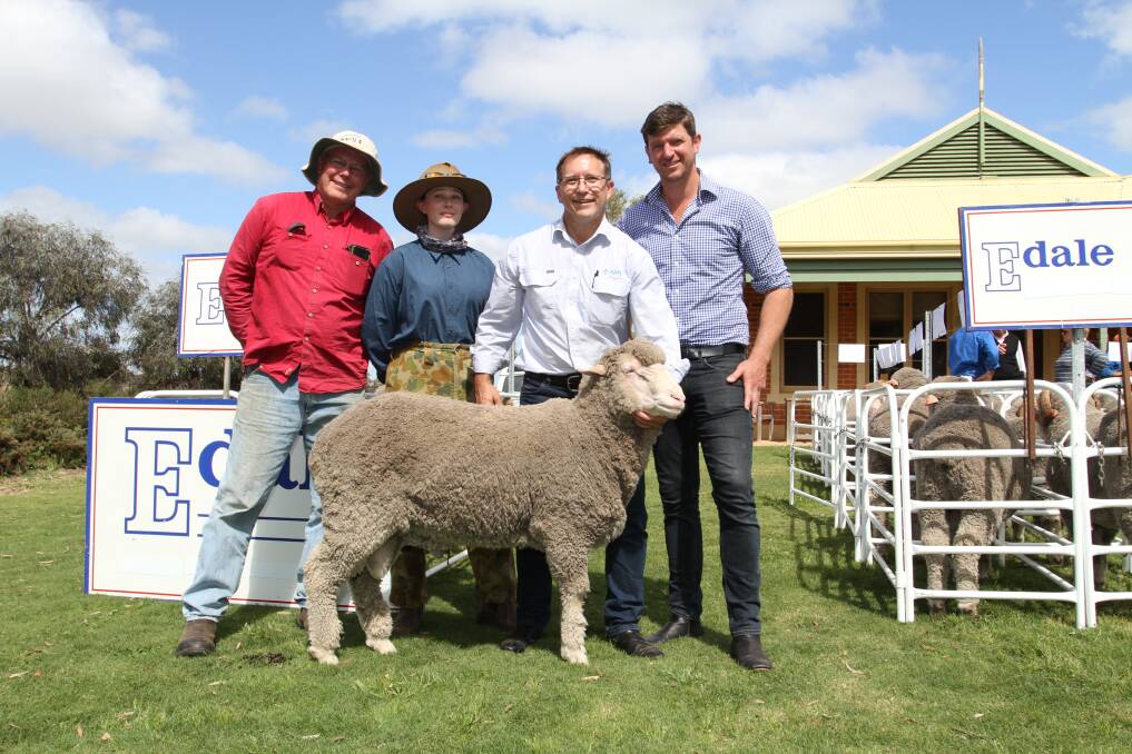 Buyers William (left) and Victoria Easton, FS & JR Easton, Moora, AWN Wool manager Greg Tilbrook and Edale co-stud manager and partner James Gardiner with the $1200 top-priced Poll Merino ram at the annual Edale on-property field day and ram sale at Moora.

