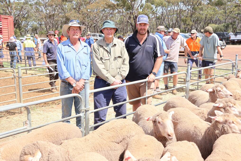 Westcoast Rural, Hyden/Kulin agent, Barry Gangell (left), vendor Ron Dunwell, R Dunwell & Son, Yealering and Westcoast Rural livestock agent Brookton, Stephen Keatley, who represented buyer Sewell & Co, Pingelly, which bought the first pen of the day a lot of the Dunwell's 1.5yo Ronern blood ewes for the sale top price of $113.