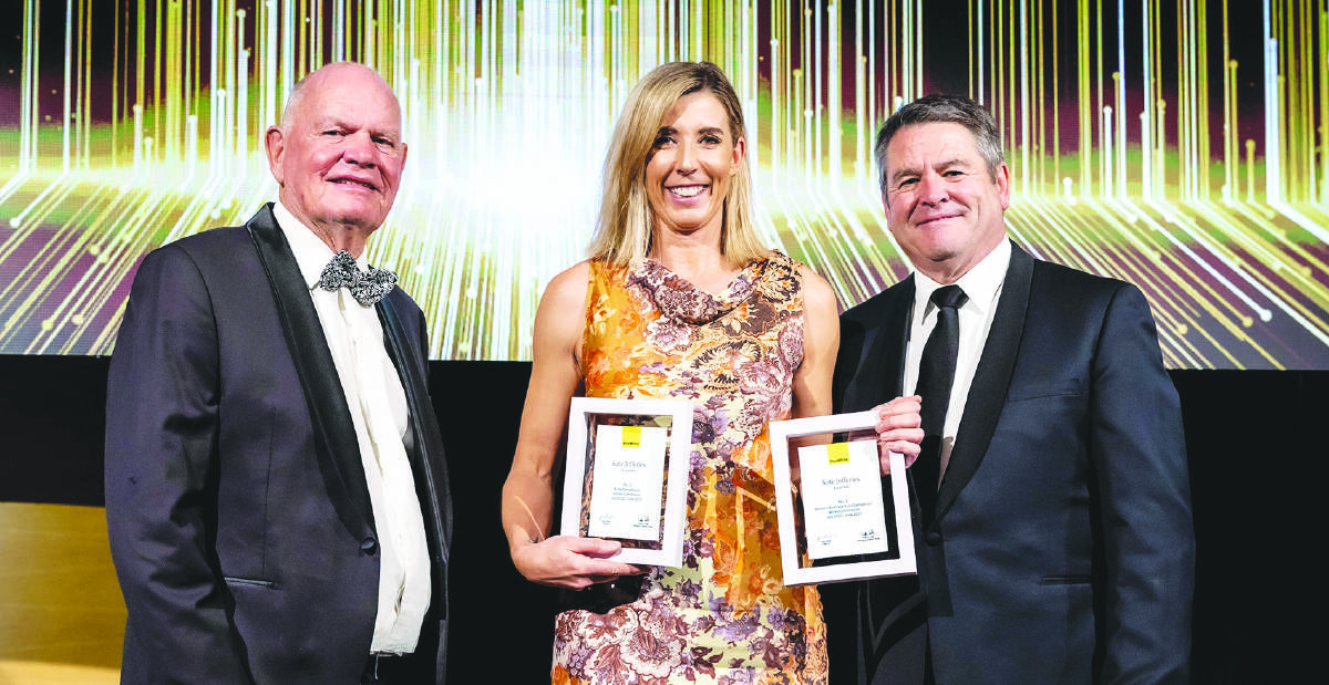 Ray White Rural chairman Paul White (left), with Ms Jefferies and Mr Nell. Ms Jefferies was the leading sales agent in WA and number five nationally.
