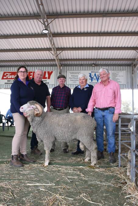 Prices in the Auburn Valley stud offering topped at $1800 for this Merino ram. With the ram were Auburn Valley's Brooke Rintoul (left), stud classer Kevin Broad, buyer Bob Treasure, Wandering, Auburn Valley co-principal Peter Rintoul and Elders, Williams agent Graeme Alexander.