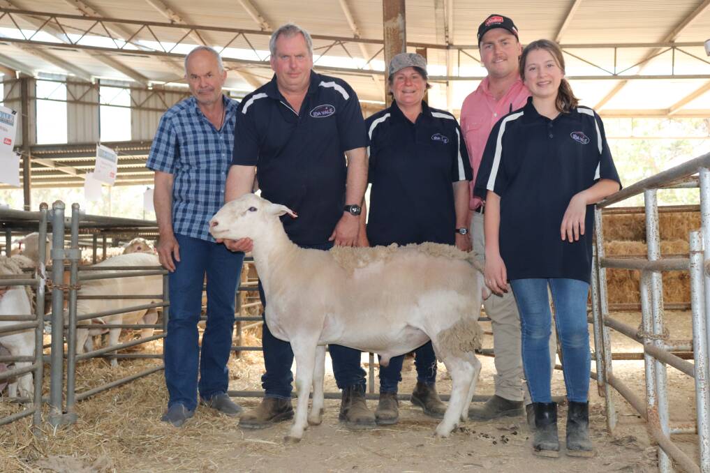 With the top price Ida Vale ram, a Western White that sold for $5000, were buyer Paul Williams (left), Narrikup, stud principals Andrew Greenup and Tamesha Gardner, Elders, Kojonup livestock representative Liam Want and Sophie Greenup, Ida Vale stud.