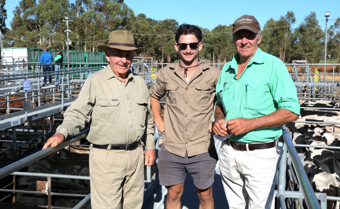 John (left) and Jonathon Ietto, Wokalup, looked over the cattle in the sale with Nutrien Livestock, Brunswick/Harvey agent Errol Gardiner. Mr Gardiner bought numerous pens including some for the Iettos cattle.

