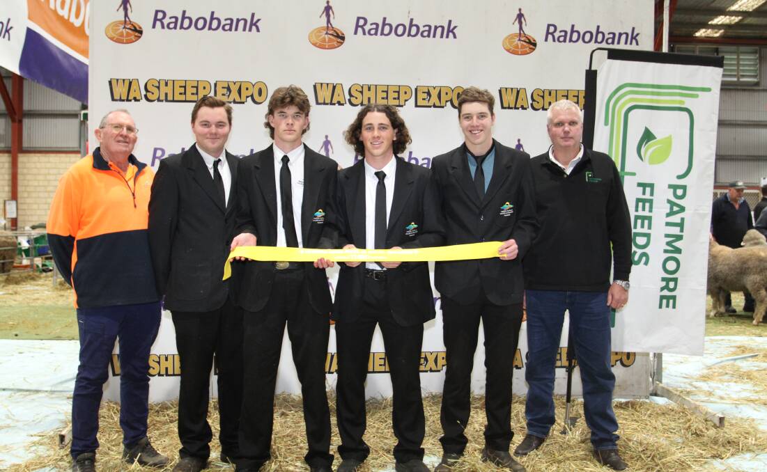 WA College of Agriculture Cunderdins Wayne Laird (left), with the third placed team of Cody Walker, Jake Faulkner, Jadd Hill and Bevan Norwood, with Patmore Feeds sponsor and sales manager Paul Avery.
