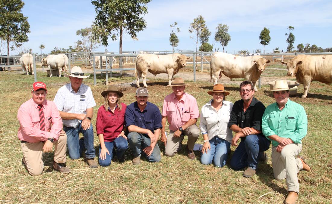 Sale auctioneer Pearce Watling (left), Elders, Donnybrook, Venturon Livestock stud co-principal Andrew Thompson, Boyup Brook, Teagan McGregor and Jaymon Dunnet, OM Dunnet & Co, Nannup, Deane Allen, Elders, Bridgetown, Kerrie and Kim Dunnet, OM Dunnet & Co and Jamie Abbs, Nutrien Livestock, Bridgetown. OM Dunnet & Co paid the sales $11,000 top Charolais bull price for lot nine Venturon Tax Free T40 (by Turnbulls Duty-Free 358D).
