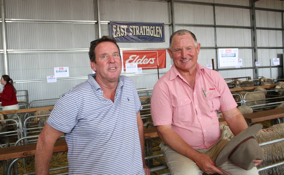 Volume buyer at the East Strathglen sale Bill O'Keeffe (left), KR & DH O'Keeffe, Gnowangerup, and Russell McKay, Elders stud stock, purchased 26 Merino rams costing up to $3600.
