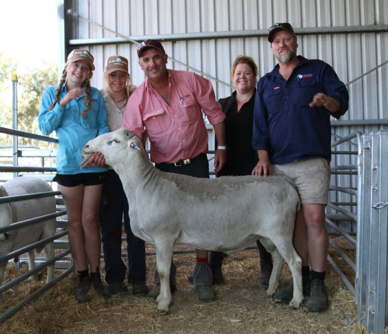 With the $5600 top-priced ram at the inaugural Blackwood SheepMaster annual on-property ram sale at Kulikup last Friday were Rachel (left) and Heidi Corker, Blackwood stud, Elders Kojonup agent Jamie Hart and Blackwood stud principals Ginette and Phil Corker. The ram was purchased on AuctionsPlus by a stud buyer from Cobar, New South Wales.
