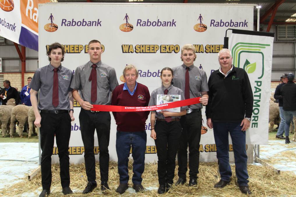 The second placed team, WA College of Agriculture Narrogin students, Zaine Cuthbert (left) and Finn Synnot, with WA College of Agriculture Narrogins Colin Batt, and the other Narrogin team members Libby Hardingham and Tyson Lansdell, with Patmore Feeds sponsor and sales manager Paul Avery.
