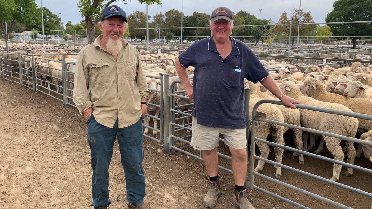 CATCHING UP: Moggy Stone, Torrita, and Kevin Grayling, Walpeup, were in attendance of Ouyen's sheep market last Thursday.