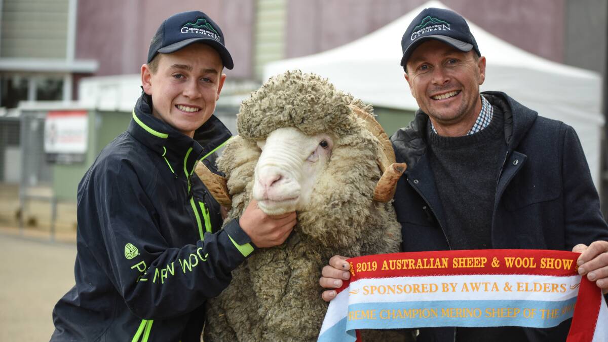 Harry and Rod Miller, Glenpaen Merino stud, Brimpaen, with their supreme Merino exhibit at the Australian Sheep & Wool Show. Photo by Ruby Canning.