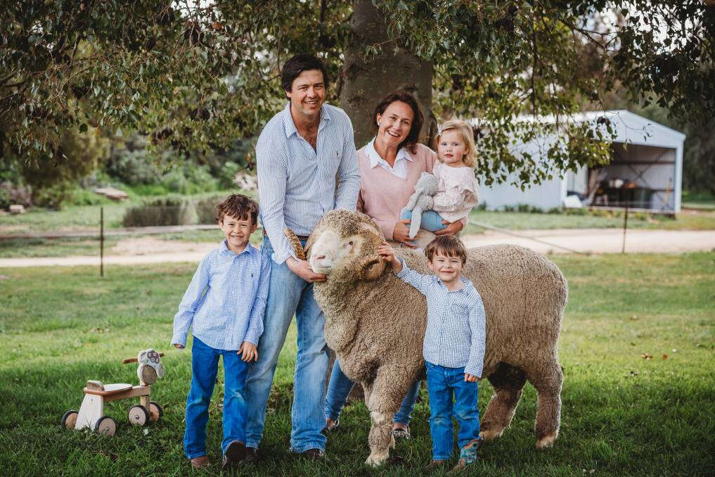 FAMILY BUSINESS: Jono and Anna Merriman, Little Range, Boorowa, with their children, Digby, Toby and Zoe. Photo: Sarah Croker