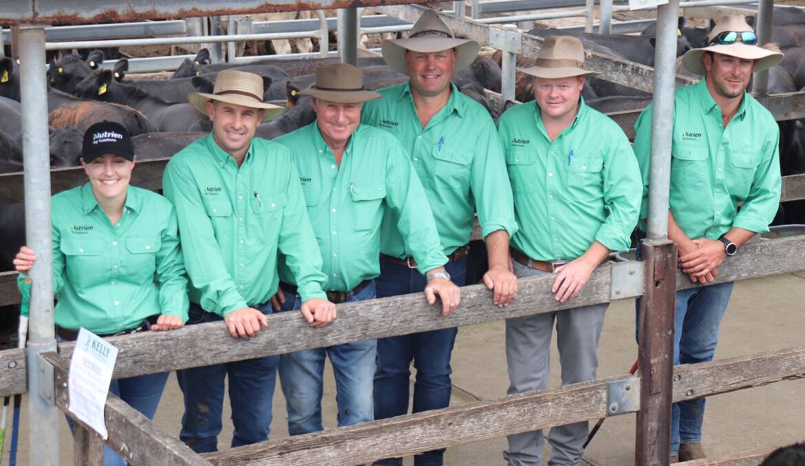 The Nutrien Ag Solutions team: (From left) Maddison Baulch, Nick Maddison, Norm McCosker, Kieran Johnstone, Adam Mountjoy and Justin Nowell at the Warrnambool, Victoria saleyards earlier this year.