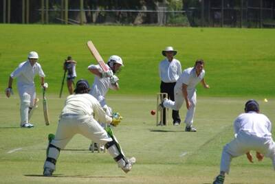 Busselton Margaret River fast bowler Neil Langenhoven bowls at a Geraldton opponent in the A-section final of WA Country Week Cricket in Perth last weekend. Langenhoven finished with the figures of 4/45.