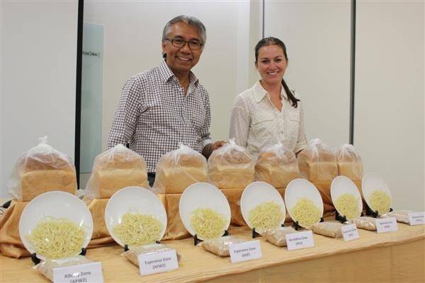Former CBH South East Asia technical expert and Interflour executive Dr Nazir Azudin and CBH Grain wheat quality and technical marketing manager Natalie Maguire displayed a number of noodle and bread products made from WA wheat at Interflour's Asia Research and Development Centre in Selango, Malaysia.