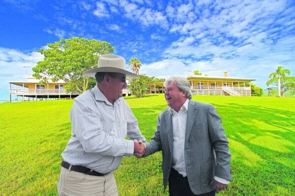 Peter Camm, Camm Cattle Company, and Barry Taylor, Emanate Legal shake hands after Taylor put together in record time a deal that saw Camm purchase Sir Graham McCamley’s Glenprairie Station, Marlborough, for a undisclosed sum prior to auction.