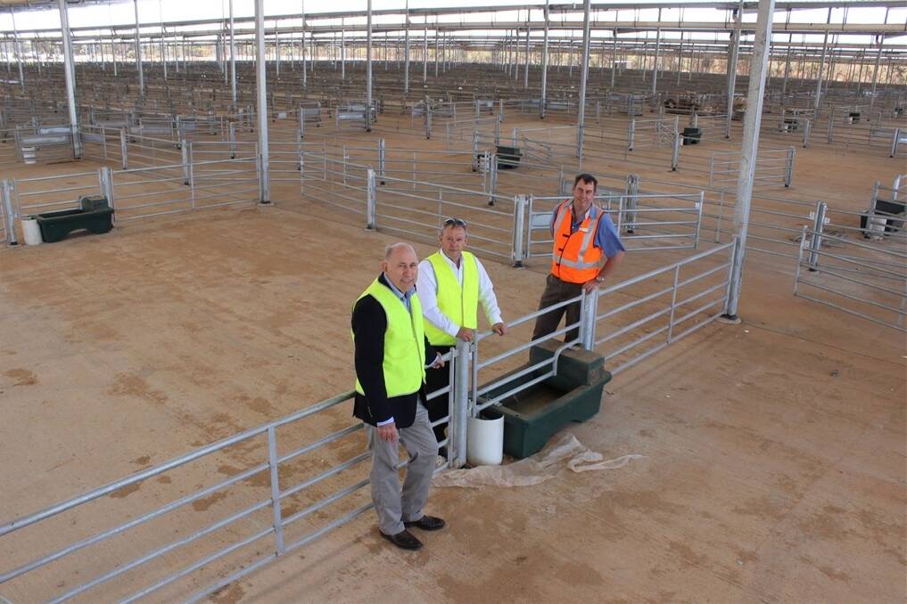 There are 1012 selling pens at the new site and 1270 pens overall. Agriculture and Food Minister Ken Baston (left), took a tour of the new facility last week with Katanning shire chief executive officer Dean Taylor and Katanning shire president Alan McFarland.