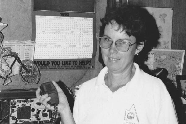 Clair on the two-way radio to Cairns RFDS – the only way to communicate until she got a phone in 1989.  Clair was hugely involved in the consolidation of distance education in the North.