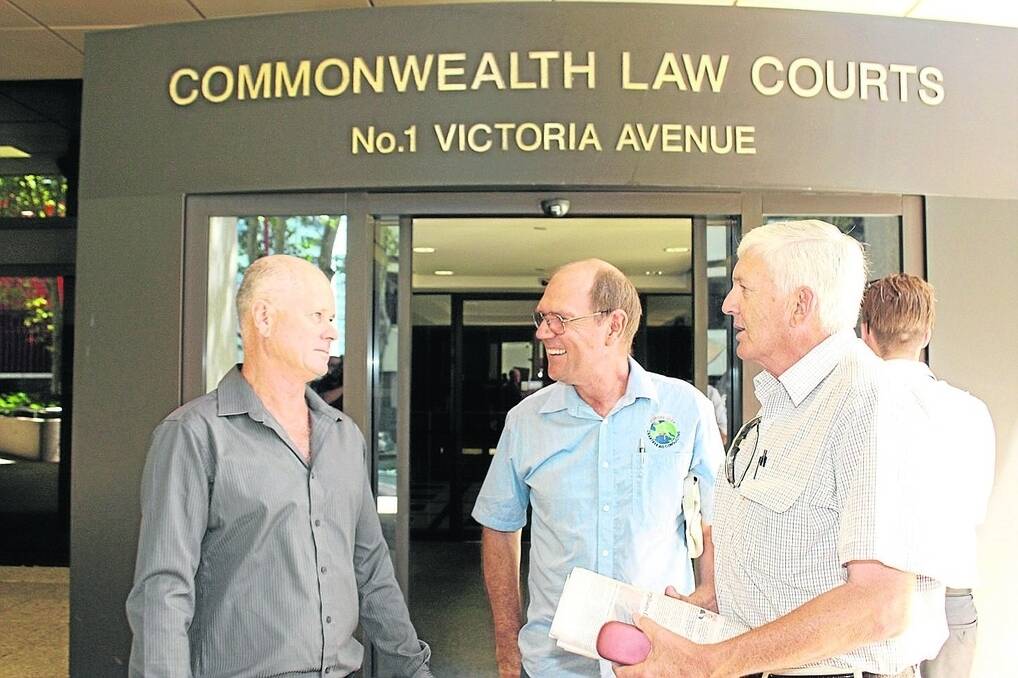 Kojonup grower Michael Baxter (left), with Pastoralists and Graziers Association (PGA) supporters Bill Crabtree and Gary McGill after the High Court ended the six-year legal battle against the genetically modified canola grower.