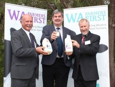 A third and possibly final 300-litre trial consignment of WAFarmers' fresh milk has been processed and air-freighted to China. Photographed is past WAFarmers president Dale Park (left), chief executive officer Stephen Brown and Dairy Council president Phil Depiazzi last year. 