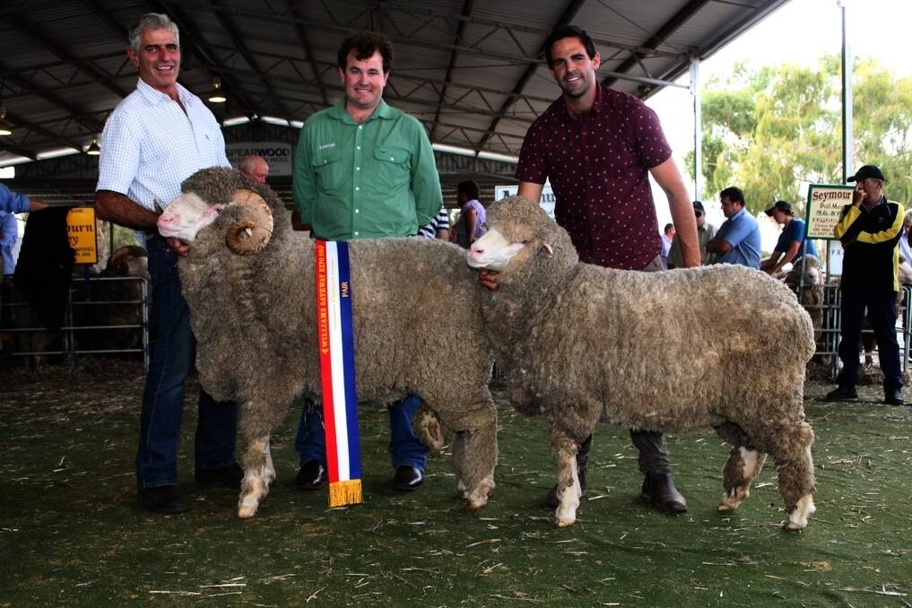 Navanvale stud, Williams, exhibited the champion ram and ewe pair. With the winning combination were Navanvale&#39;s Chris Hogg (left), sponsor Mitchell Crosby, Landmark Breeding Services and Mitchell Hogg, Navanvale.