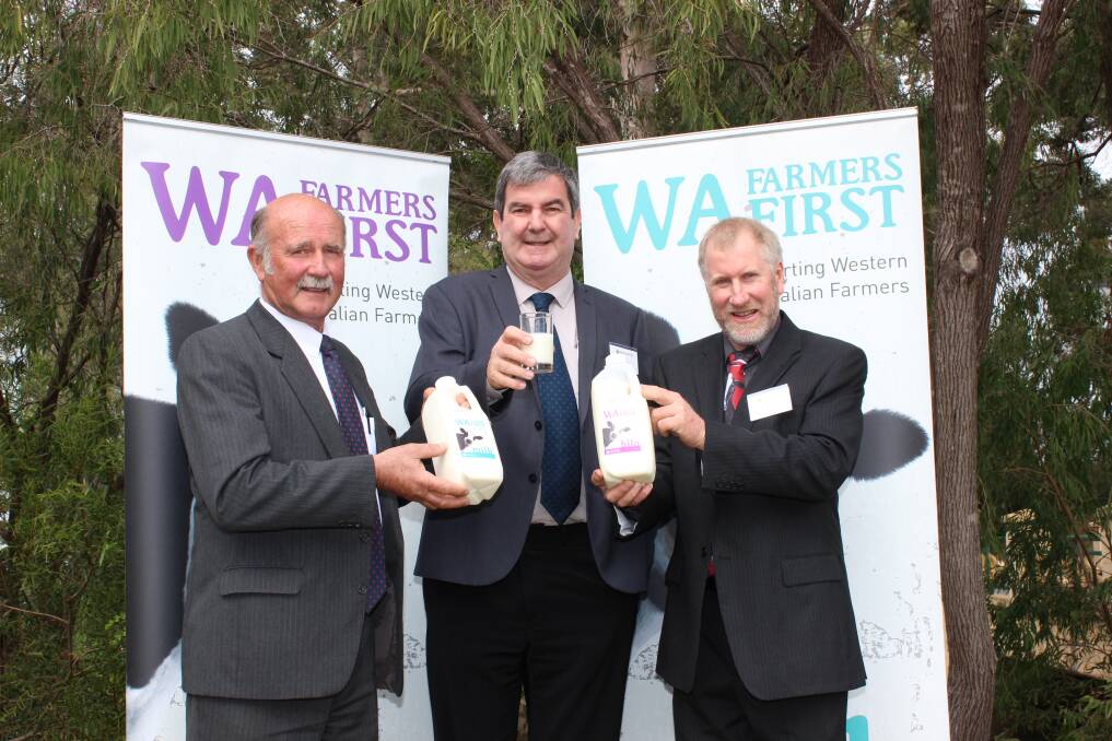 WAFarmers former president Dale Park, chief executive officer Stephen Brown and dairy section president Phil Depiazzi with WAFarmers First milk now on the shelves in China.