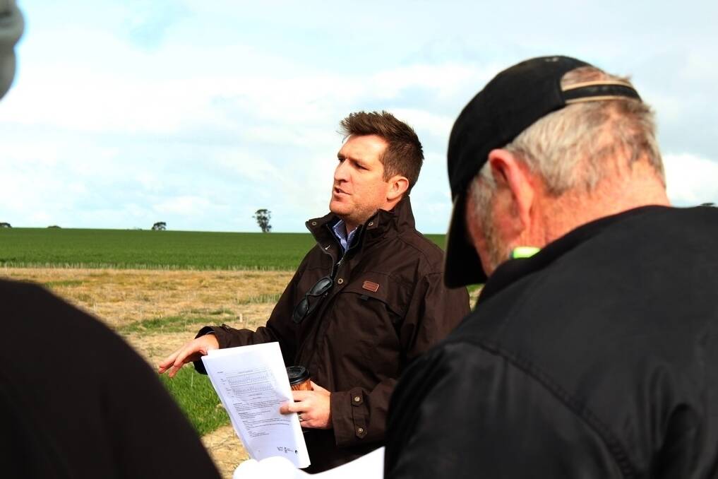 Australian Grain Technologies (AGT) marketing and production manager Josh Johnson gives an overview of the Mace and Scepter wheat trial being run at the Liebe field site this season.