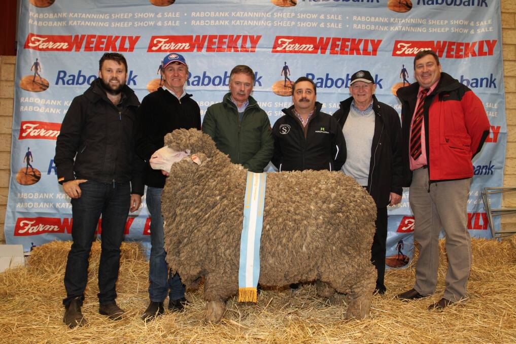 Ross Adams, Peter Jackson, Michael Gough, Rony McDonald, Bruce Cameron and Tim Spicer with the Westerdale ram that sold for $25,000 during the Rabobank WA Sheep Expo and Sale at Katanning last week.