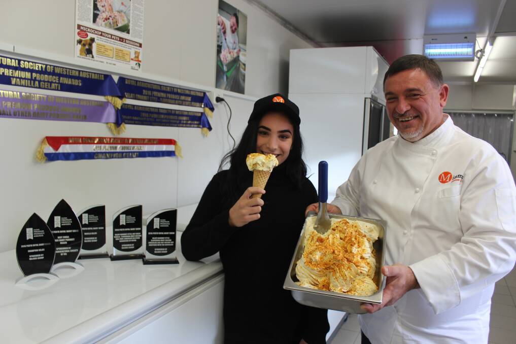 Domenico Sabatino (left) and daughter Nadia show off his Honeycomb Bliss, which won Champion Gelati at the 2016 Perth Royal Dairy Show.
